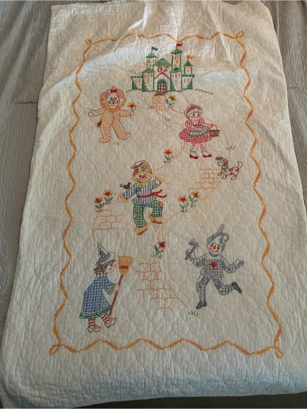 Hand-Embroidered Wizard of Oz Themed Quilt Panel - Cream